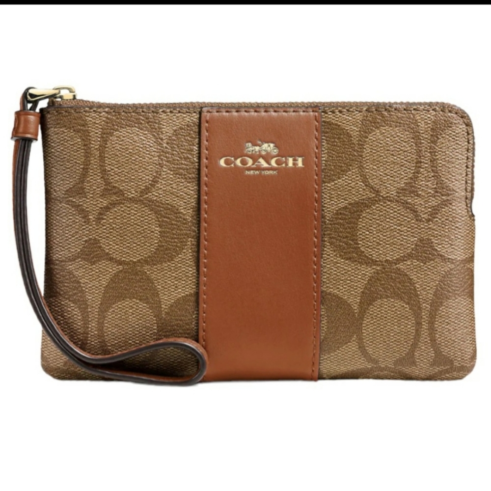 Coach Corner Zip Wristlet Signature Color Khaki/Saddle 2